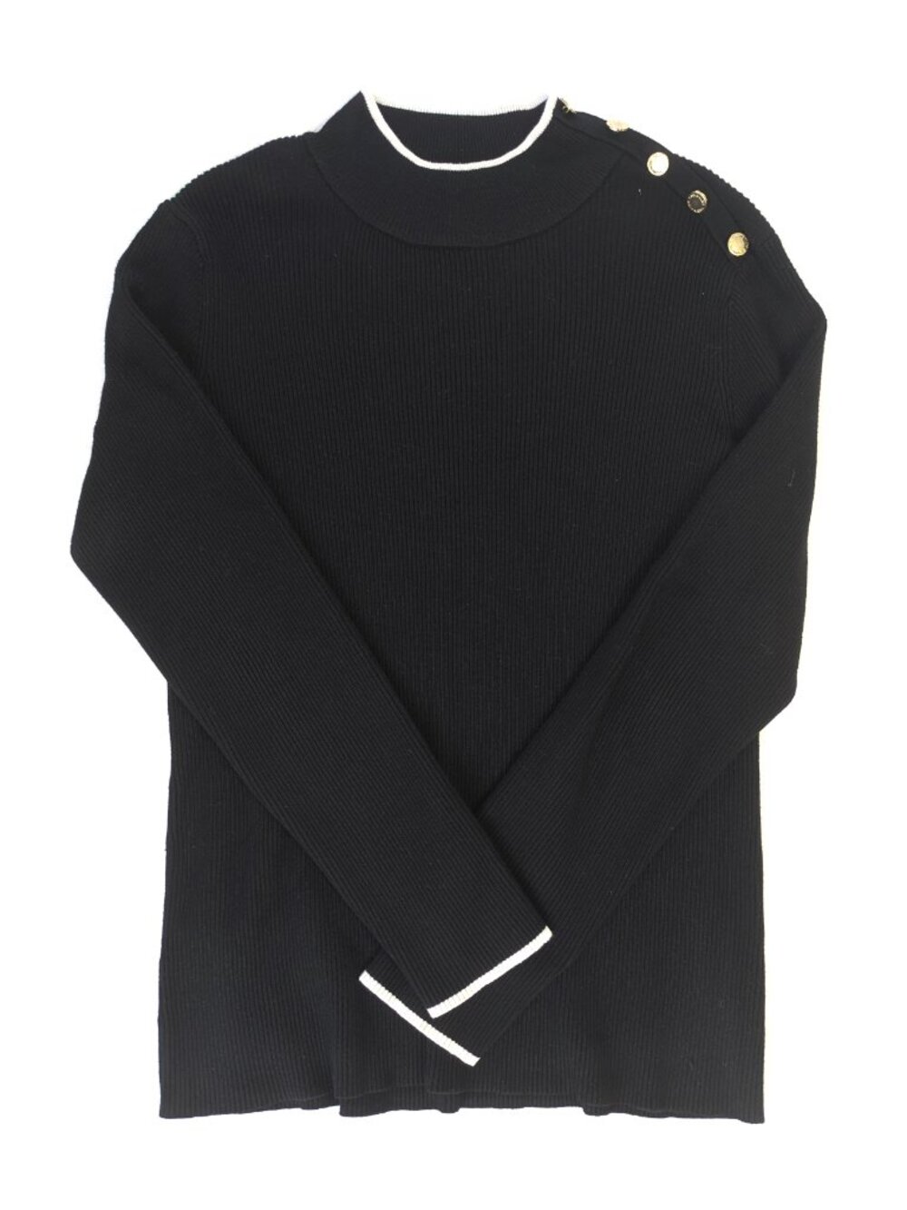Black Calvin Klein Sweater - Women's M - White Hem Mock Neck Button Pullover
